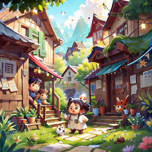 a cartoon of a girl and a dog in a village with a dog on the ground and a cat on the ground