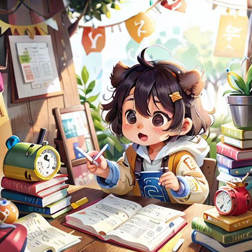 a girl is sitting at a desk with books and a clock in front of her and a pile of books