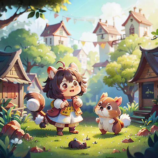 a girl and a squirrel in a forest with houses in the background and a forest scene in the foreground