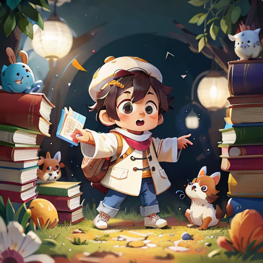 a boy is standing in front of a pile of books and a cat is looking at him from behind