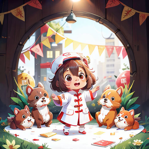 a girl standing in front of a group of animals in a doorway with a sign that says, happy birthday