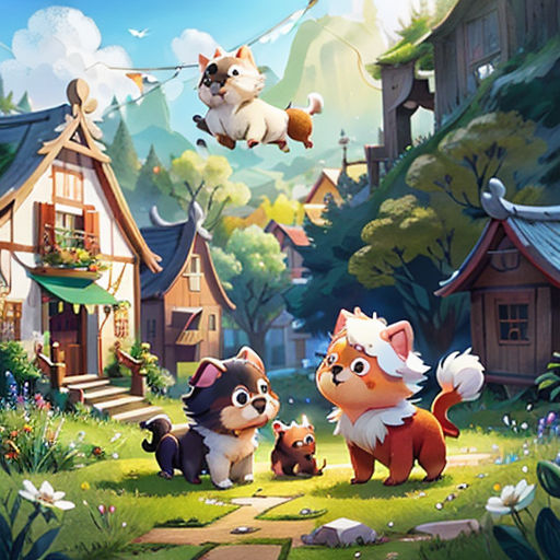 a cartoon dog and cat are in a field with a dog and cat on a leash in front of a house