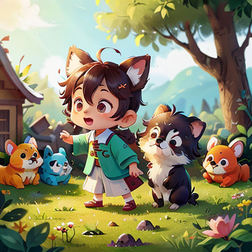 a girl standing in front of a forest filled with animals and a dog next to a house with a forest background