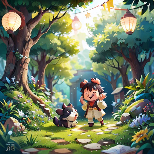 a girl and a dog in a forest with lanterns above her head and a cat on the ground in front of them