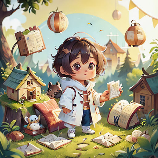a girl is standing in the grass with books and a book in her hand and a dog is sitting on the ground