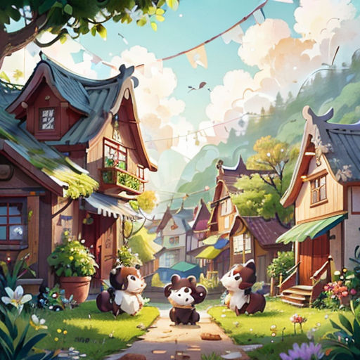 a cartoon scene of a village with a panda bear and other animals in the yard of a house with a bunting flag