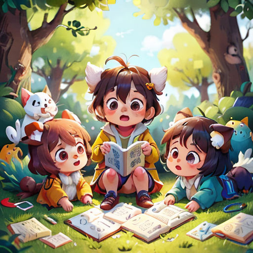 a group of children reading books in the woods with animals around them and a forest background with trees and animals