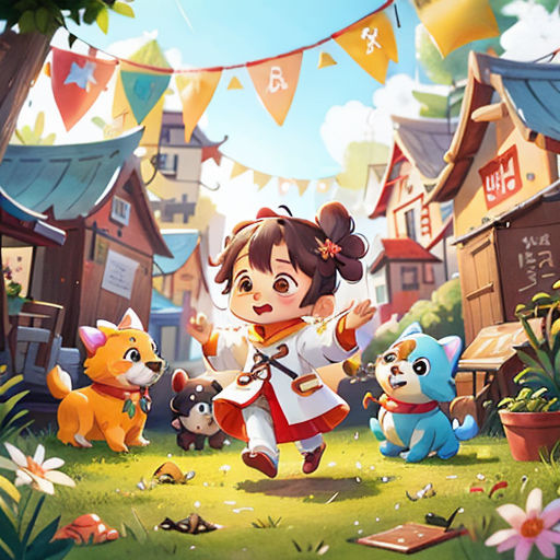 a girl is playing with her stuffed animals in a cartoon style scene with a dog and a cat in the foreground
