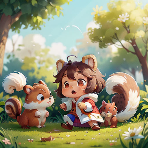 a girl and two animals in a forest with trees and flowers in the background, with a sky background