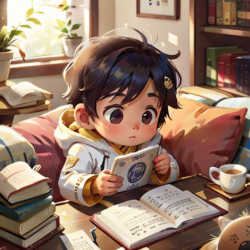 a boy reading a book while sitting at a table with a cup of coffee and books on it,