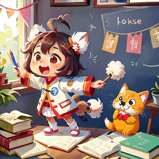 a girl is standing in front of a desk with a cat and books on it and a cat is sitting on the desk