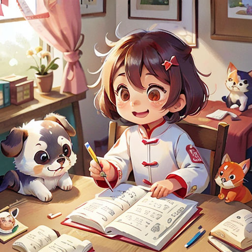 a girl sitting at a table with a dog and a book in front of her and a cat sitting on the table