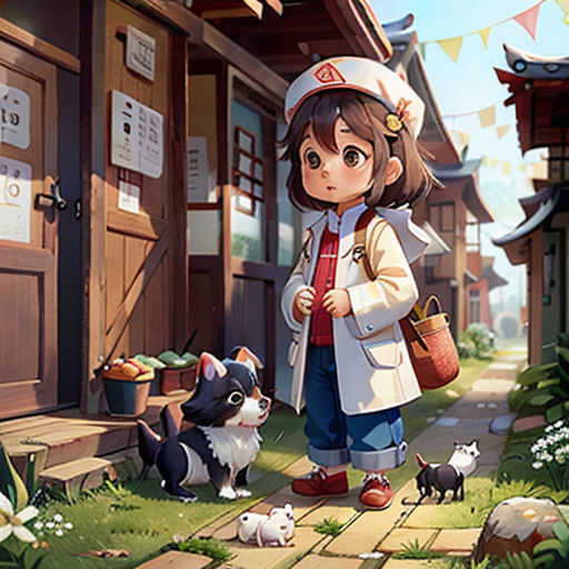 a girl is standing in front of a dog and a cat in a village with a dog and a cat