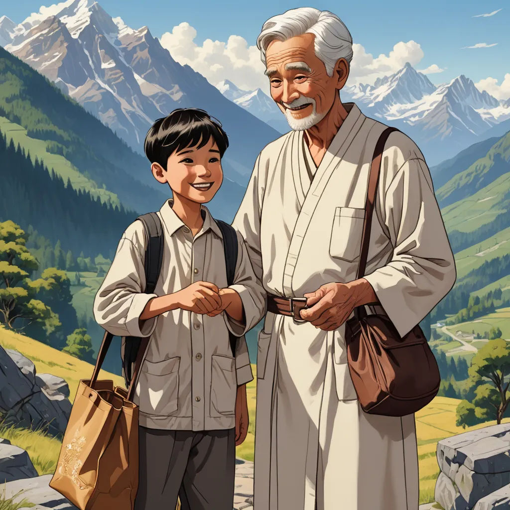 a painting of a man and a boy standing in front of a mountain range with a mountain range in the background, precisionism, a storybook illustration, Brothers Hildebrandt, official art