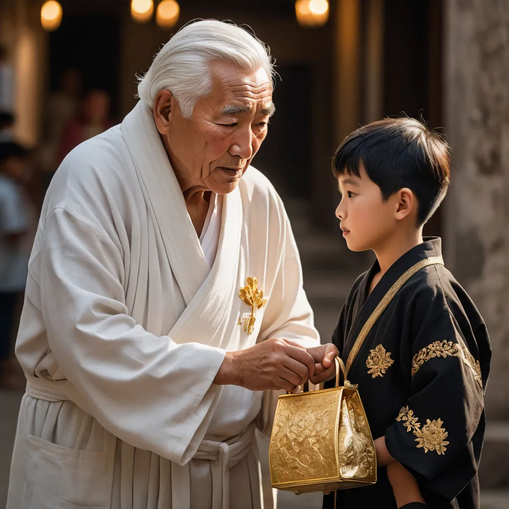 a young boy is standing next to a man in a robe and holding a gold purse and a gold purse, dau-al-set, a stock photo, Byeon Sang-byeok, movie still