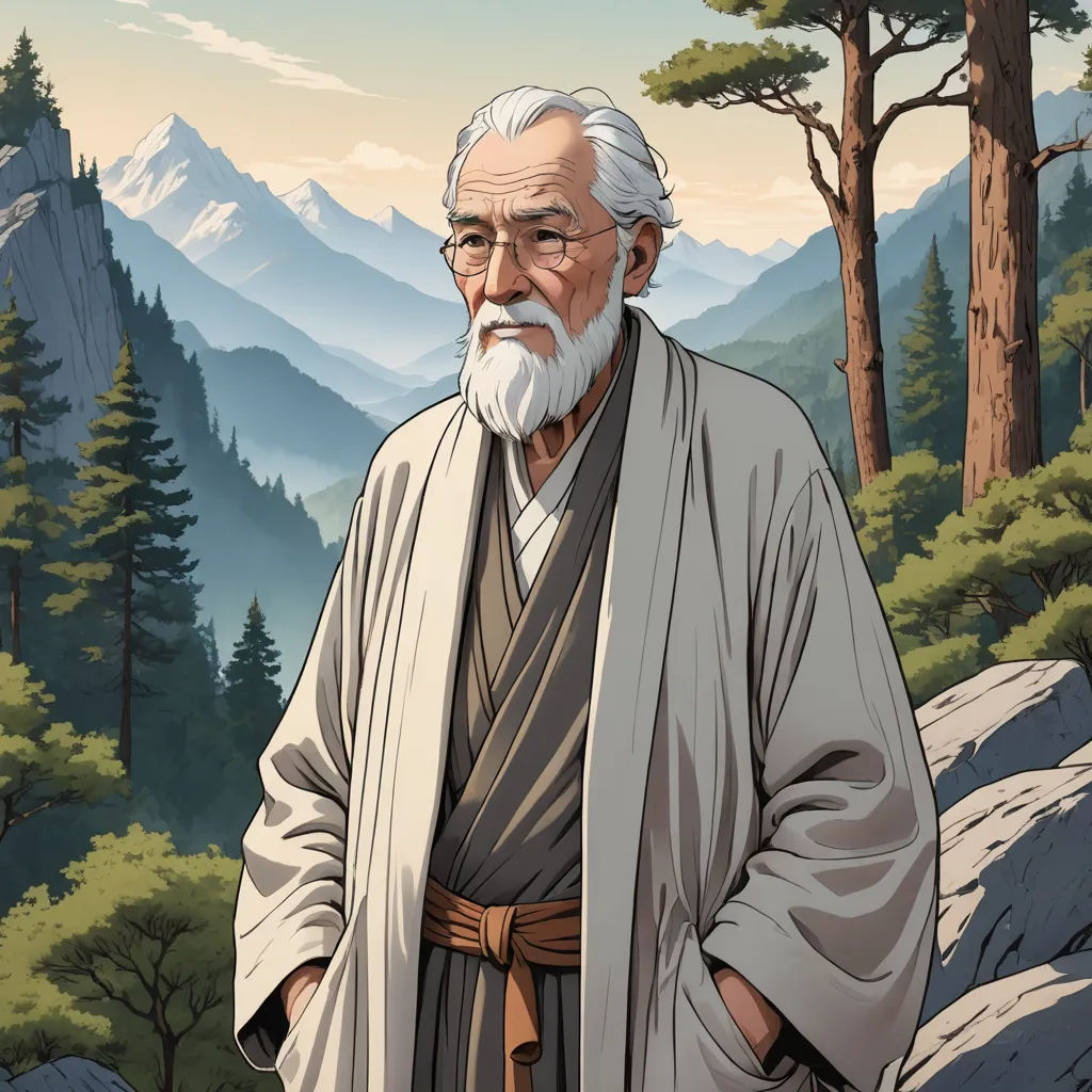 a man with a beard and a white beard standing in front of a mountain landscape with trees and rocks, ukiyo-e, a character portrait, Drew Struzan, yukito kishiro