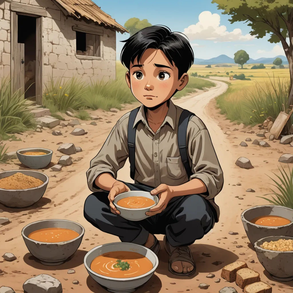 a boy sitting on a dirt road with bowls of soup in front of him and a house in the background, serial art, a comic book panel, Aaron Jasinski, comic cover art