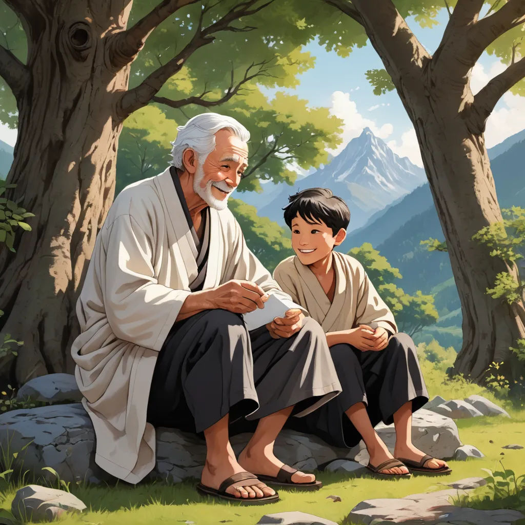 a painting of a man and a boy sitting on a rock in a forest with mountains in the background, ukiyo-e, a storybook illustration, Drew Struzan, official art