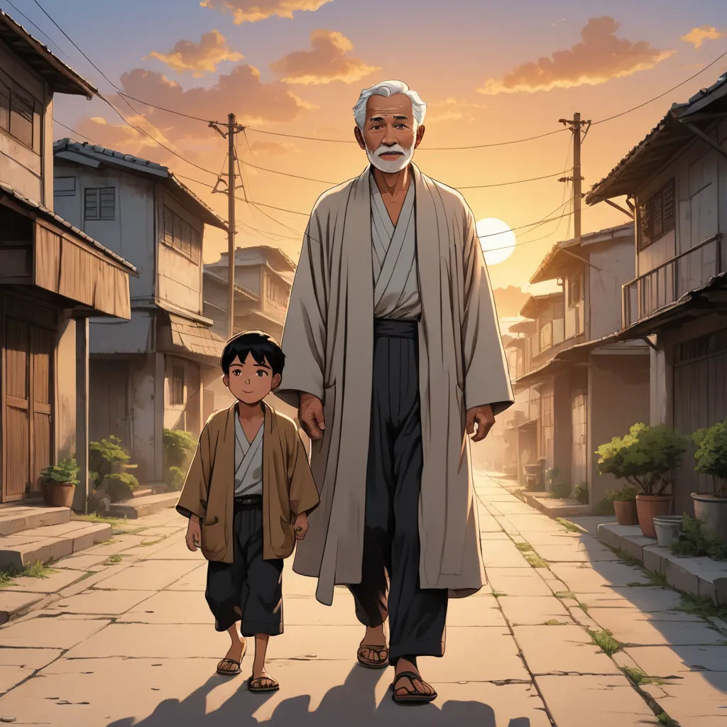 a man and a boy standing on a street with a sunset in the background and a building with a sky background, magical realism, poster art, Drew Struzan, official art