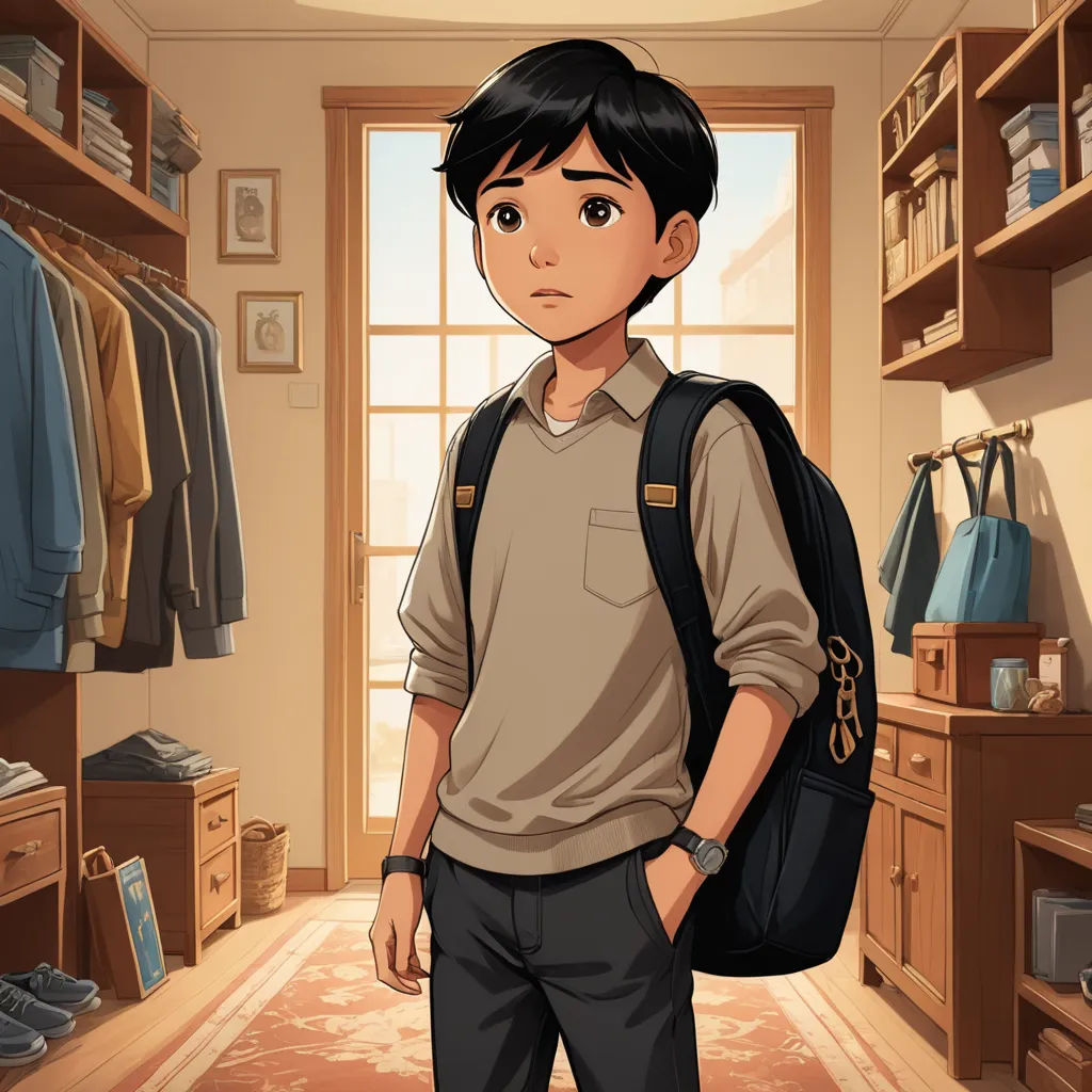 a boy with a backpack standing in a room with a closet full of clothes and a window with a view of the outside, photorealism, a character portrait, Adam Manyoki, official art