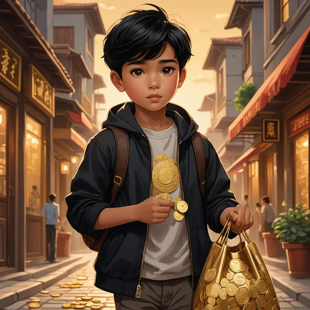 a boy holding a bag and a coin in his hand in a street with buildings and people in the background, fantasy art, a storybook illustration, Aaron Jasinski, stanley artgerm lau