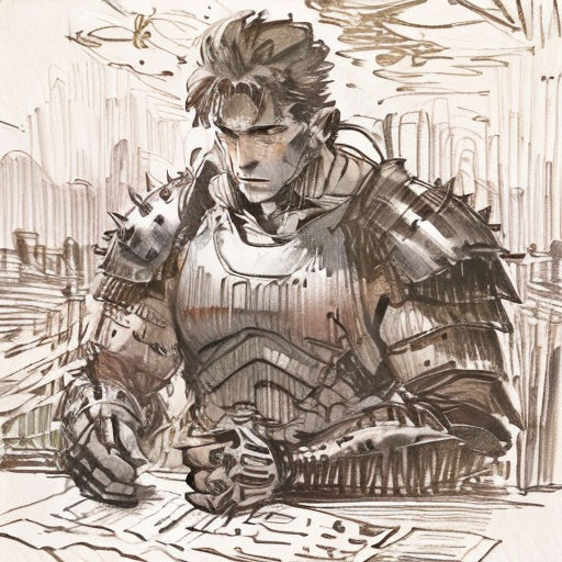 a drawing of a man in armor sitting down with a gun in his hand and a city in the background