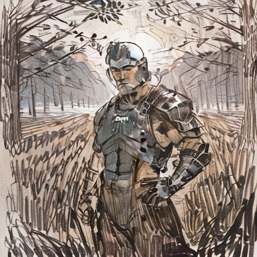 a drawing of a man in armor standing in a forest with trees and branches behind him, with a bird flying overhead