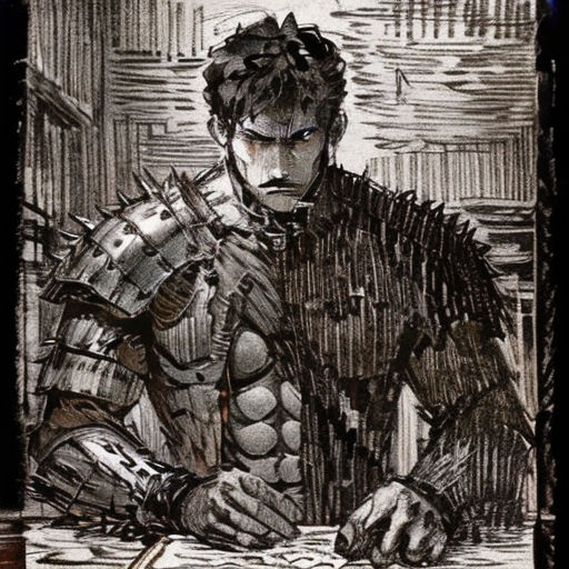a drawing of a man in armor sitting at a table with a knife and fork in his hand, with a knife in his hand