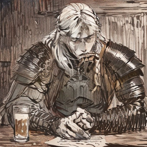 a drawing of a man in armor writing on a piece of paper with a glass of beer in front of him