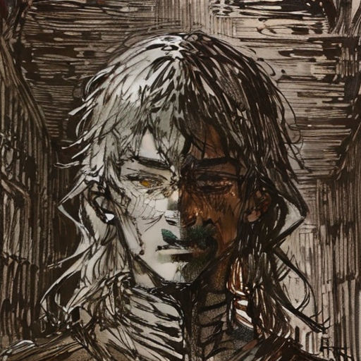 a drawing of a man with long hair and a beard with a white face and a black and white coat
