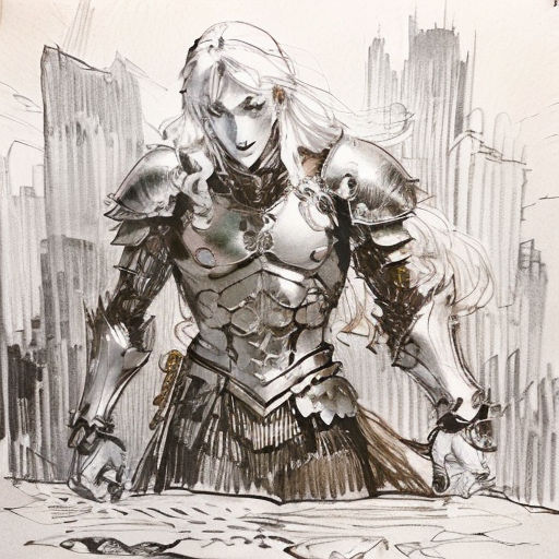 a drawing of a woman in armor with a sword and armor on her chest, and a city in the background