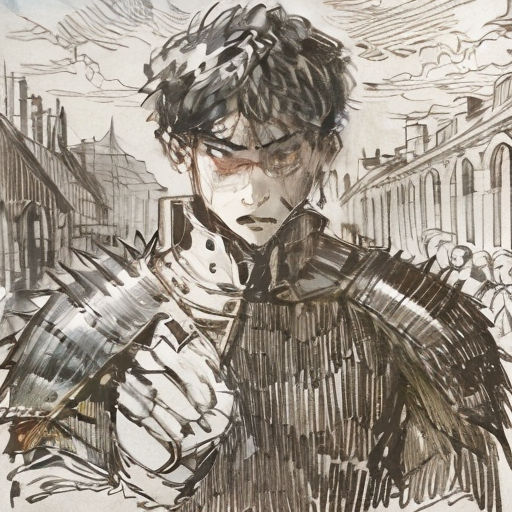 a drawing of a man in a coat and a hat holding a sword in his hand and looking down