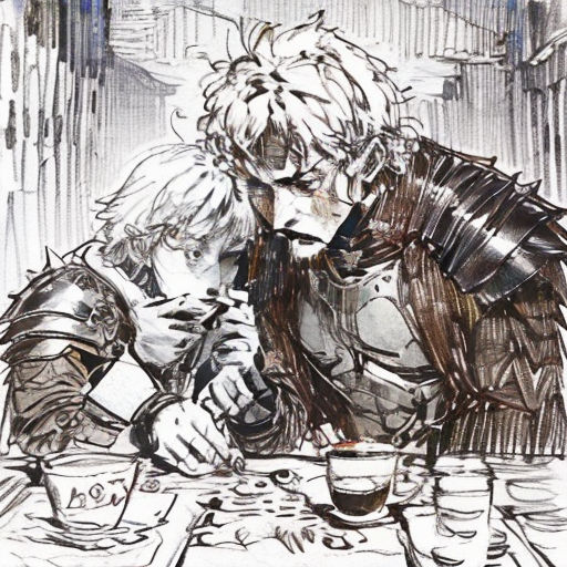 a drawing of two people sitting at a table with a glass of wine in front of them and a cityscape in the background