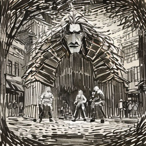 a drawing of a man with long hair and a beard standing in front of a building with a giant face