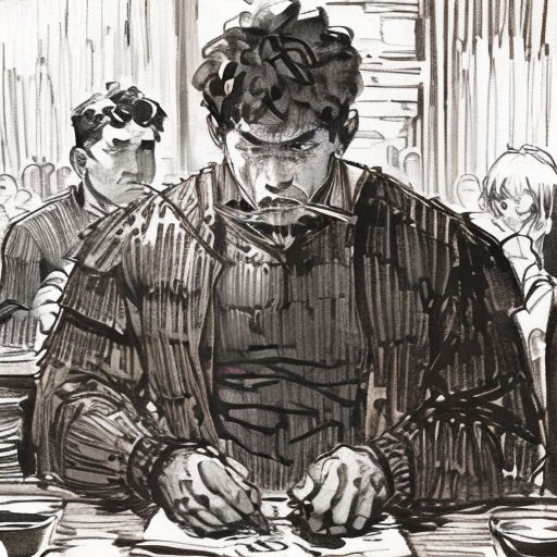 a drawing of a man sitting at a table with a pen and paper in his hand and a woman standing behind him