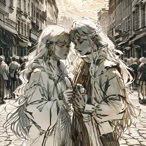 two women standing next to each other on a street corner with a sky background and a city street with people