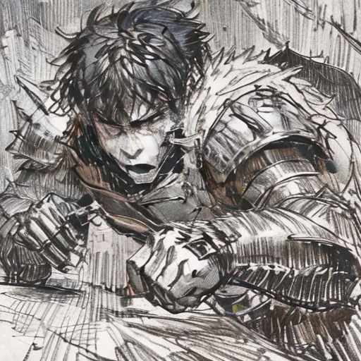 a drawing of a man in armor holding a knife and looking at something on a table with a knife in his hand