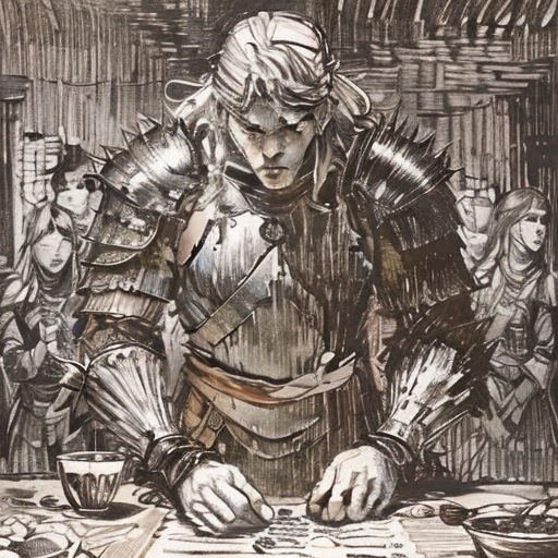 a drawing of a man in armor writing on a paper with a lot of people behind him and a table with a cup of tea