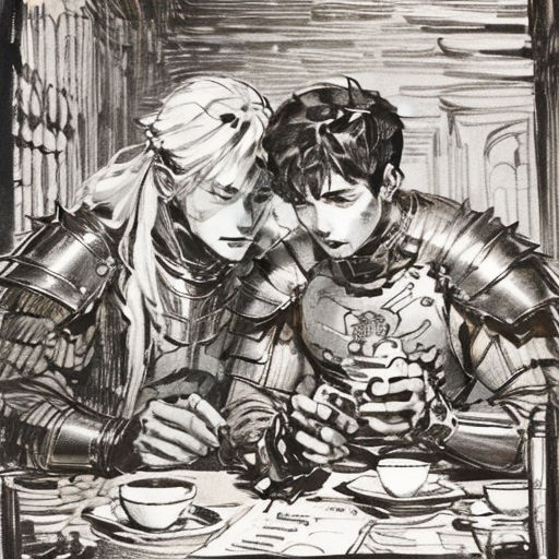 a drawing of two people sitting at a table with cups of coffee and a phone in their hands, looking at a book