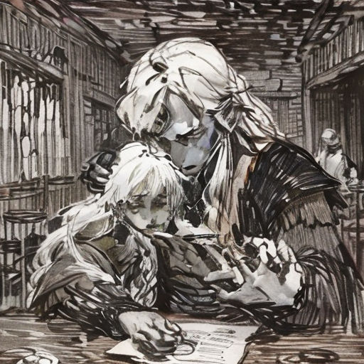 a drawing of a man and a woman sitting at a table with a book in front of them and a pen and ink drawing of a woman holding a child