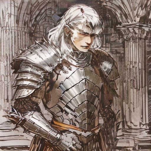 a drawing of a man in armor standing in front of a building with columns and columns on the side
