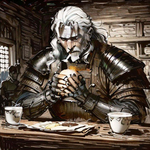 a man in armor sitting at a table eating food and drinking coffee from a cup and saucer, with a mug in front of him