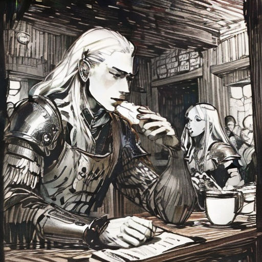 a drawing of a man sitting at a table with a cup of coffee in his hand and a woman in the background