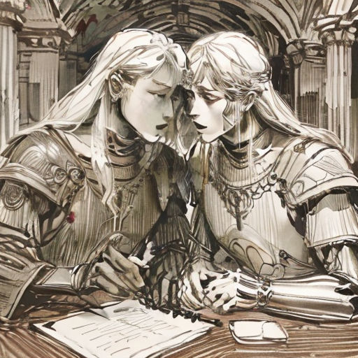 a drawing of two women sitting at a table with a book in front of them and a pen in their hand