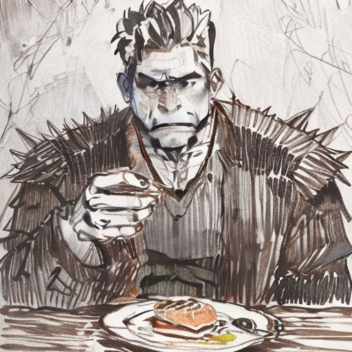 a drawing of a man eating a sandwich and holding a knife and fork in his hand and looking at the camera