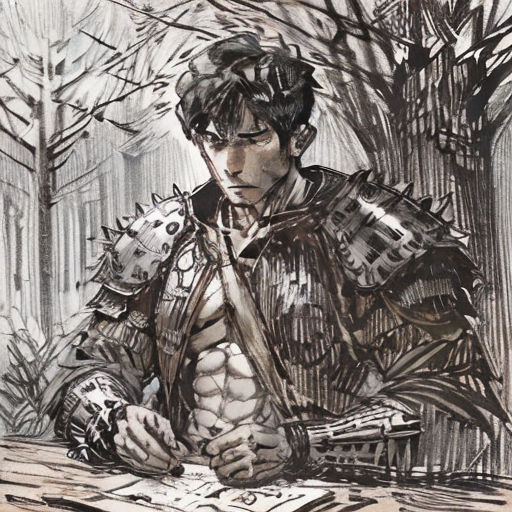 a drawing of a man in armor sitting at a table with a book and pen in his hand and a tree behind him