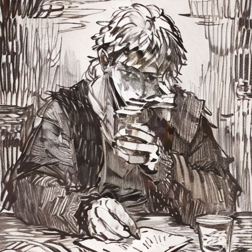 a drawing of a man sitting at a table with a cup of coffee and a book in his hand