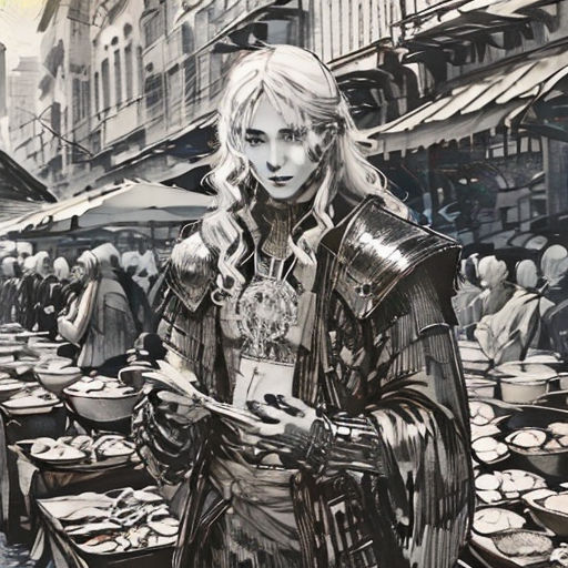 a drawing of a woman in a medieval costume holding a book in a market place with people in the background