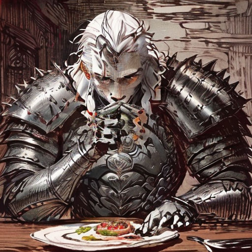 a man in armor sitting at a table with a plate of food in front of him and a knife and fork