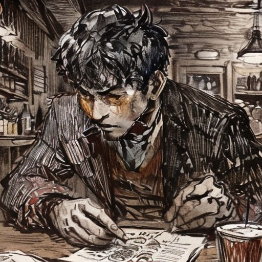 a man sitting at a table with a book and a drink in front of him and a book open to the page